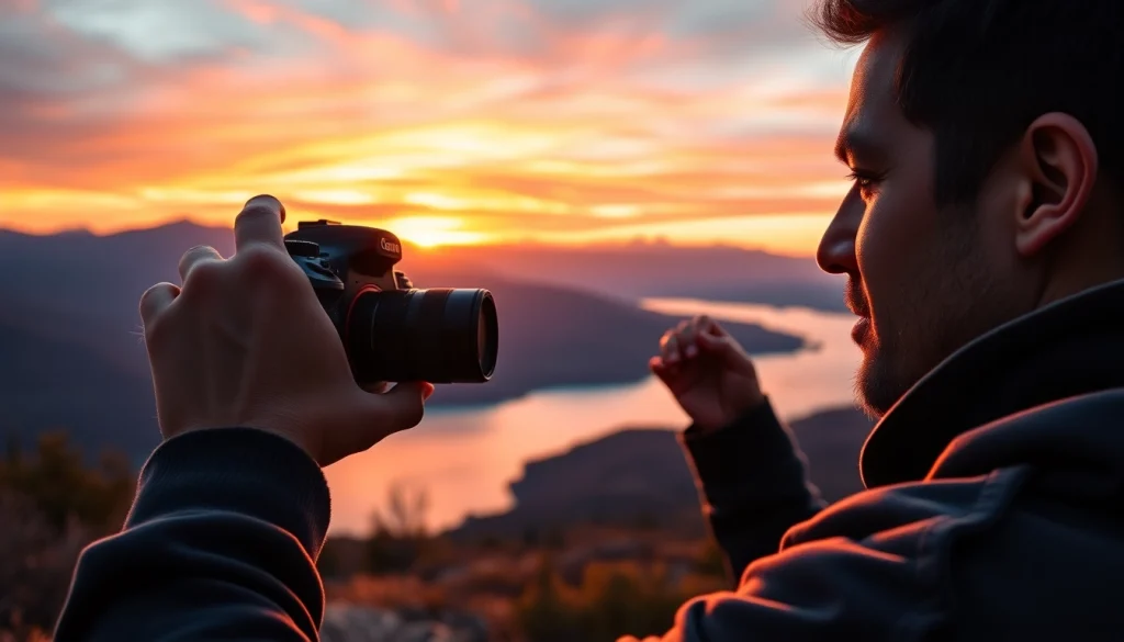 Engaging moment of a photographer in nature taking online photography courses.
