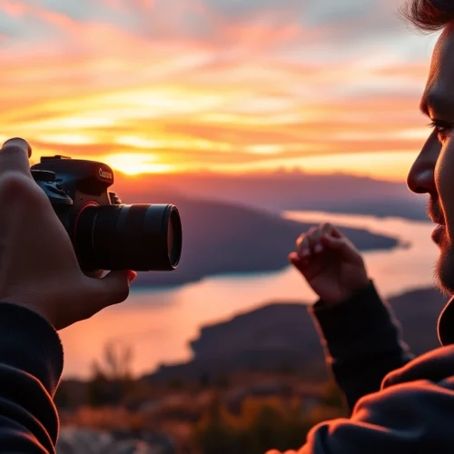Engaging moment of a photographer in nature taking online photography courses.