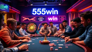 Players strategizing at the 555win poker table, surrounded by vibrant casino lights and excitement.