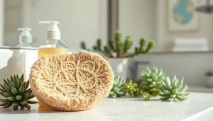Using a makeup remover loofah alongside a natural cleanser on a bright bathroom counter.