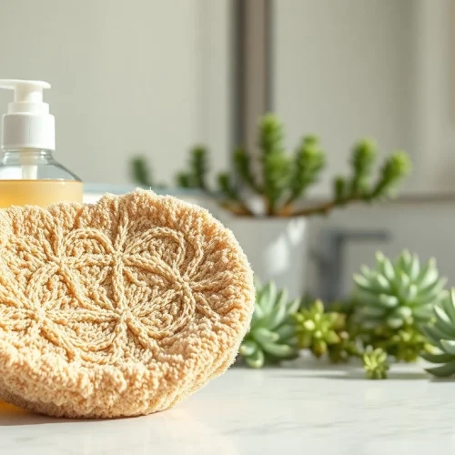 Using a makeup remover loofah alongside a natural cleanser on a bright bathroom counter.