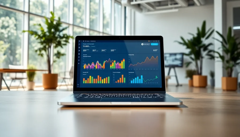 Engaging SaaS application dashboard display on a laptop in a vibrant office setting.