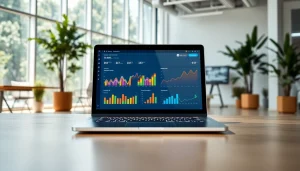 Engaging SaaS application dashboard display on a laptop in a vibrant office setting.