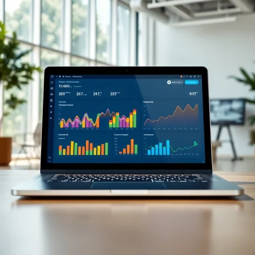 Engaging SaaS application dashboard display on a laptop in a vibrant office setting.