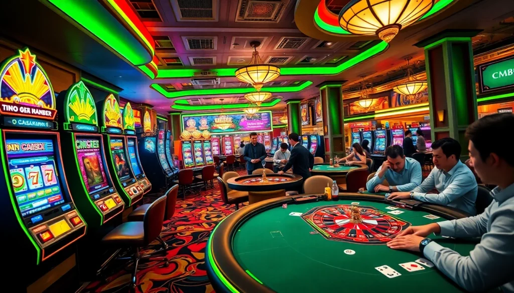 Exciting casino scene showcasing players at poker tables and vibrant CM88 slot machines.
