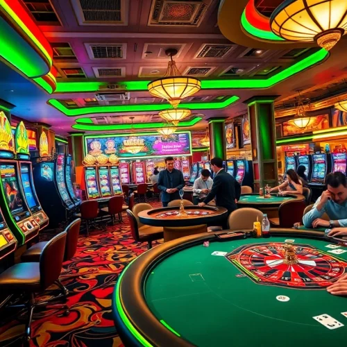 Exciting casino scene showcasing players at poker tables and vibrant CM88 slot machines.