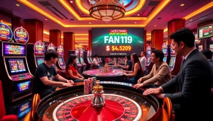 Experience the excitement of winning with promo Naga169 at this vibrant casino scene filled with slot machines and roulette.