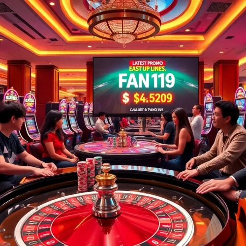 Experience the excitement of winning with promo Naga169 at this vibrant casino scene filled with slot machines and roulette.