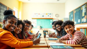 Engaged students exploring innovative education methods in a bright classroom.