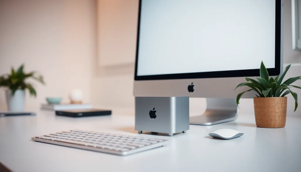 Establezca el Mac Mini M4 en un escritorio elegante con monitor moderno.