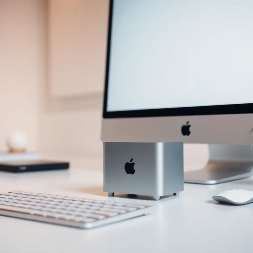 Establezca el Mac Mini M4 en un escritorio elegante con monitor moderno.