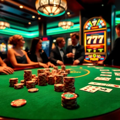 Gambling excitement around a poker table with vibrant chips and seven77 slot machine.