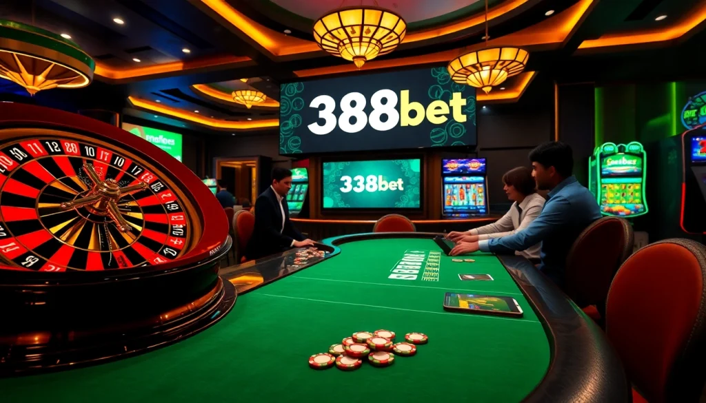 Engaging gambling scene featuring a roulette wheel and poker game at 388bet casino.