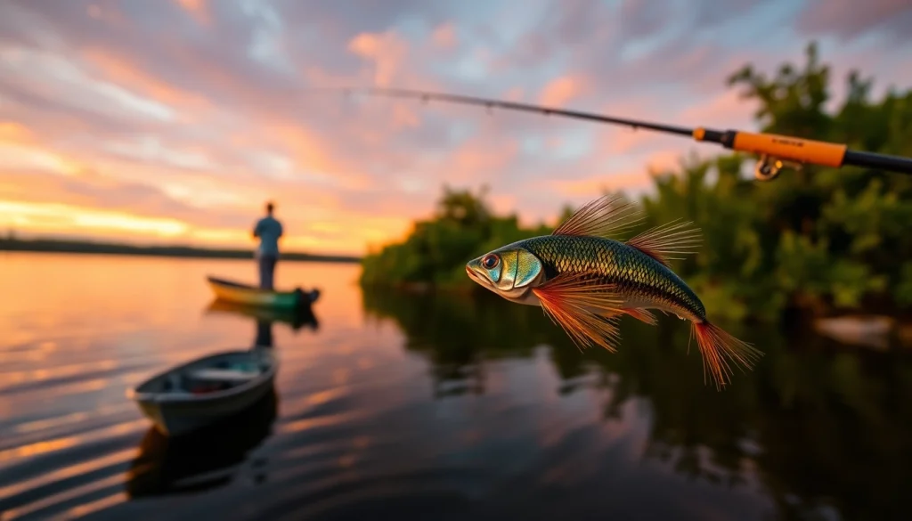 Engaging scene of fly fishing for bass with a detailed lure and serene lake setting.