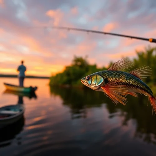 Engaging scene of fly fishing for bass with a detailed lure and serene lake setting.