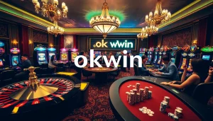 Exciting casino scene featuring okwin players enjoying roulette and poker in a luxurious setting.