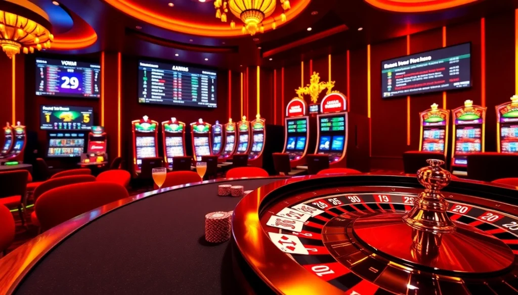 Exciting online gambling scene at https://tobet88bet.com/ with a luxurious poker table, roulette wheel, and dynamic slot machines.