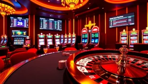 Exciting online gambling scene at https://tobet88bet.com/ with a luxurious poker table, roulette wheel, and dynamic slot machines.