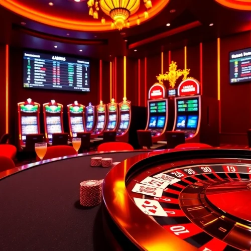 Exciting online gambling scene at https://tobet88bet.com/ with a luxurious poker table, roulette wheel, and dynamic slot machines.