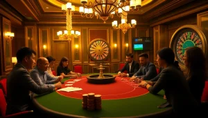 Sbobet betting excitement with players at a luxurious poker table, chips and roulette wheel visible.
