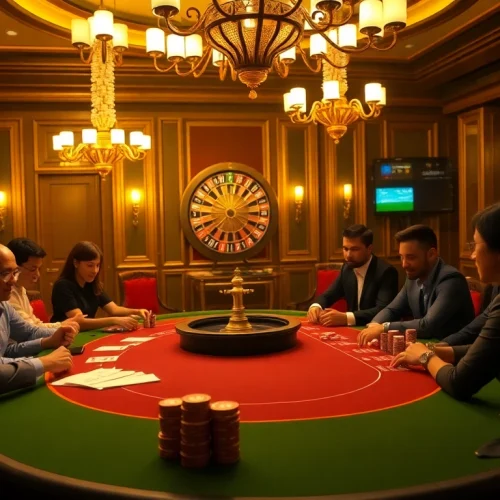 Sbobet betting excitement with players at a luxurious poker table, chips and roulette wheel visible.