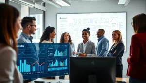 Collaborative outsourced sales team strategizing in a modern office environment.