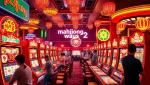 Experience the thrill of mahjong ways 2 in a vibrant casino setting with players engaged at slot machines.