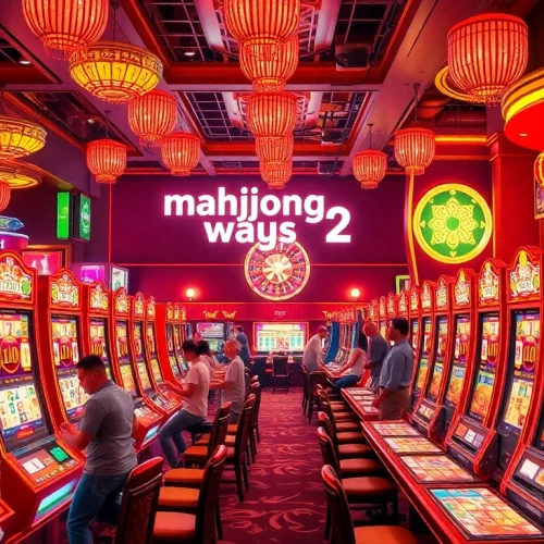 Experience the thrill of mahjong ways 2 in a vibrant casino setting with players engaged at slot machines.