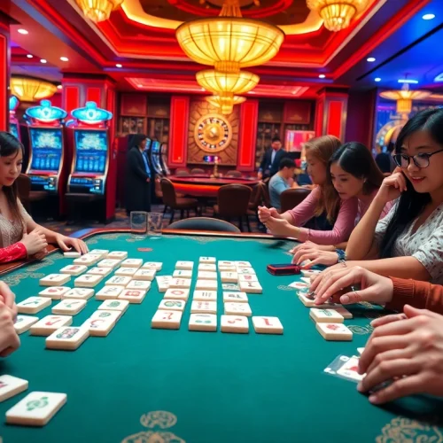 Players enjoying Mahjong Ways 2 at a vibrant casino table, embodying thrilling gambling excitement.