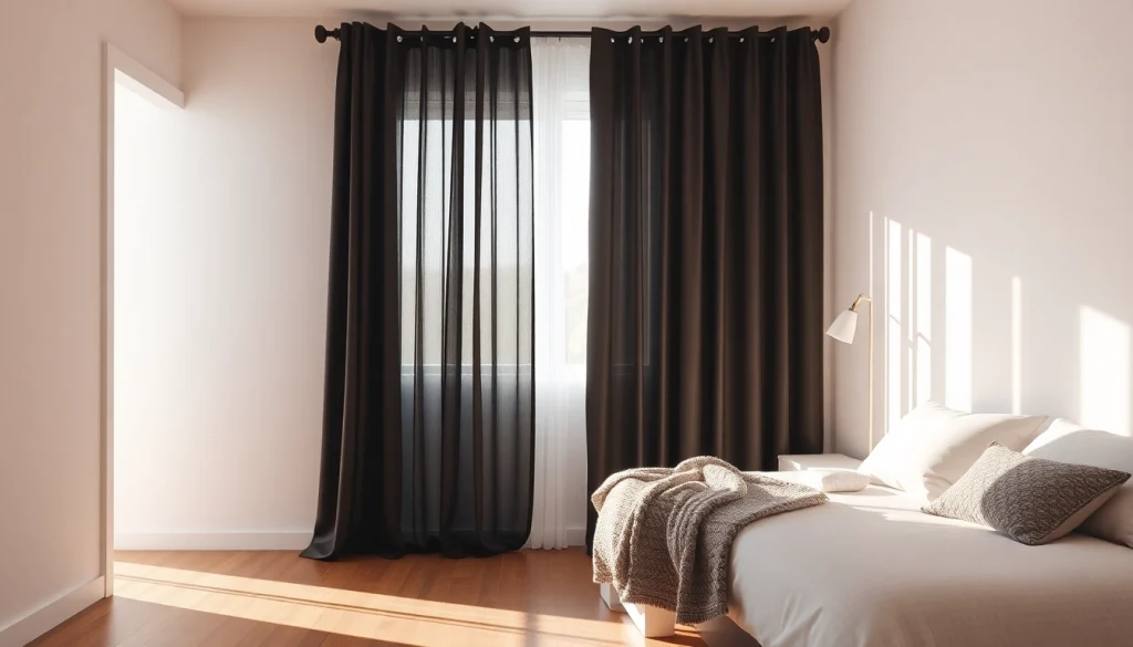 Verduisterende gordijnen brengen rust in een moderne slaapkamer met zachte verlichting.