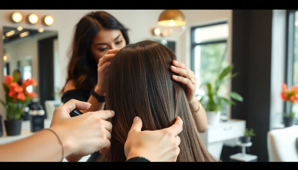 Salon de coafura cu un profesionist care aranjează părul unei cliente în interior modern.