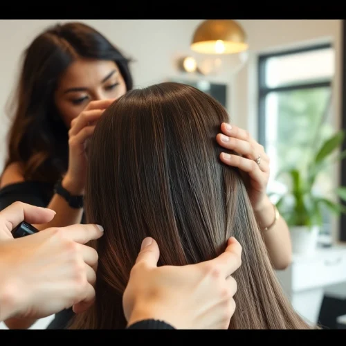 Salon de coafura cu un profesionist care aranjează părul unei cliente în interior modern.
