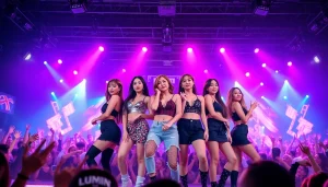 Catch the latest Blackpink news as they perform energetically on stage surrounded by vibrant lighting.