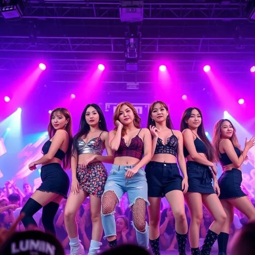 Catch the latest Blackpink news as they perform energetically on stage surrounded by vibrant lighting.
