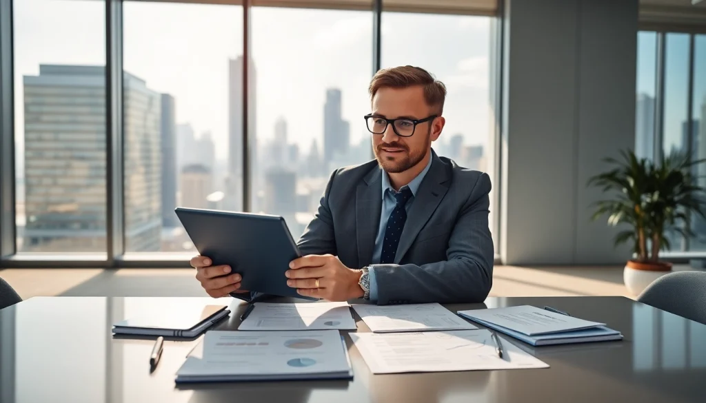 Crisis management consultant analyzing strategies in a modern office setting.
