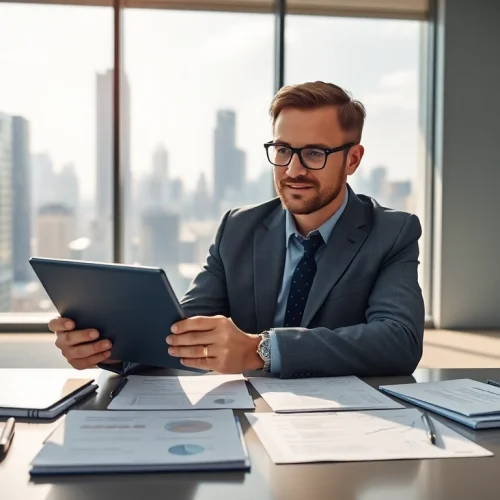 Crisis management consultant analyzing strategies in a modern office setting.