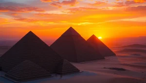 Tourists marvel at the majestic piraminds against a colorful sunset backdrop.