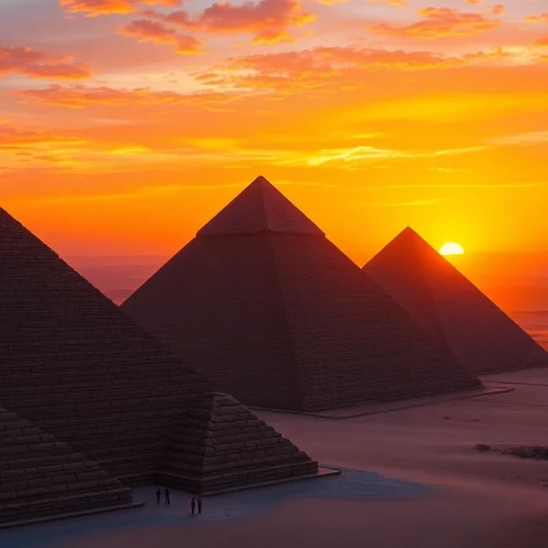 Tourists marvel at the majestic piraminds against a colorful sunset backdrop.