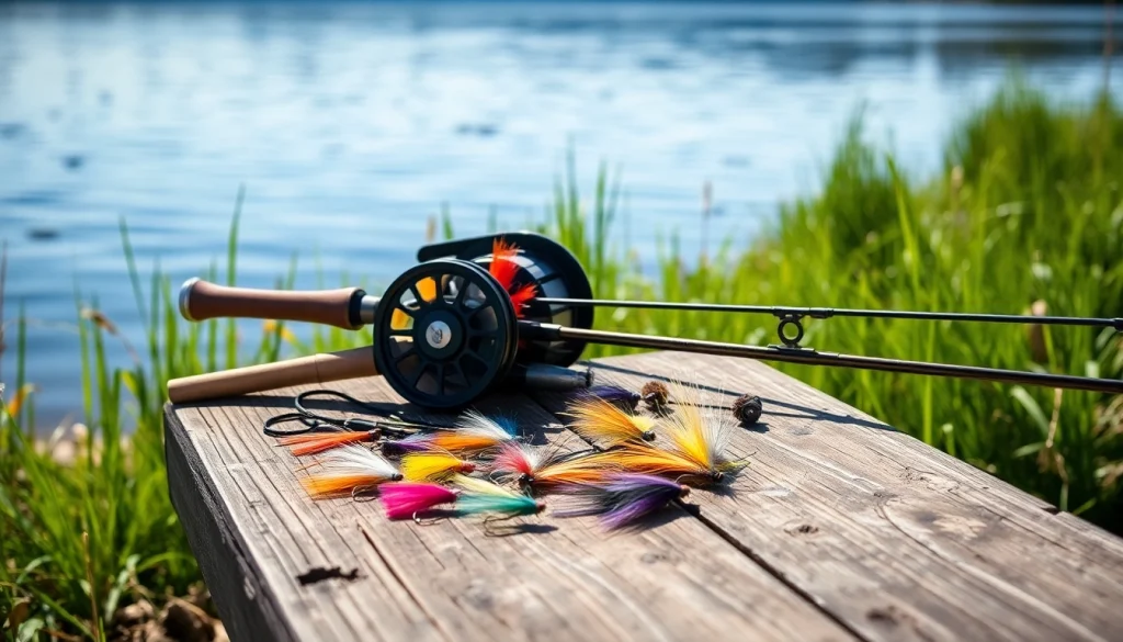 Fly fishing kit arranged beautifully by a tranquil lakeside with natural lighting.