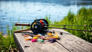 Fly fishing kit arranged beautifully by a tranquil lakeside with natural lighting.