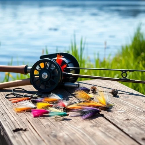 Fly fishing kit arranged beautifully by a tranquil lakeside with natural lighting.