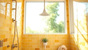 Relaxing sunny shower in a bright bathroom with modern decor and natural light.