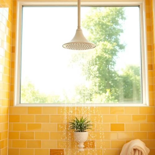 Relaxing sunny shower in a bright bathroom with modern decor and natural light.