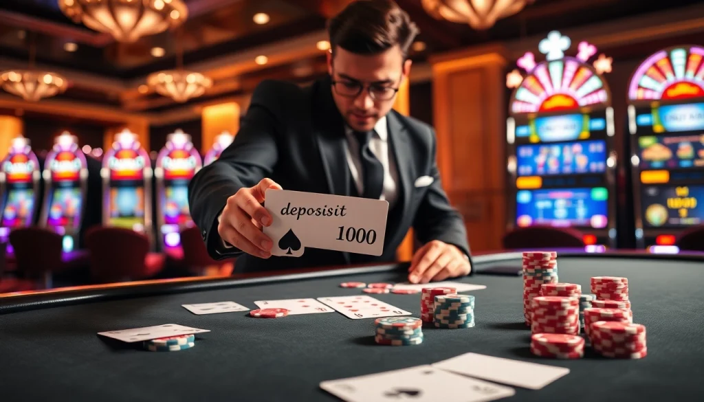 Engaging scene of a player at a poker table, focusing on deposit 1000 while placing a bet.