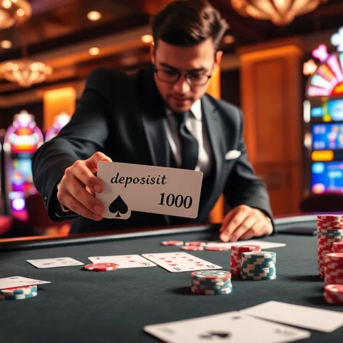 Engaging scene of a player at a poker table, focusing on deposit 1000 while placing a bet.