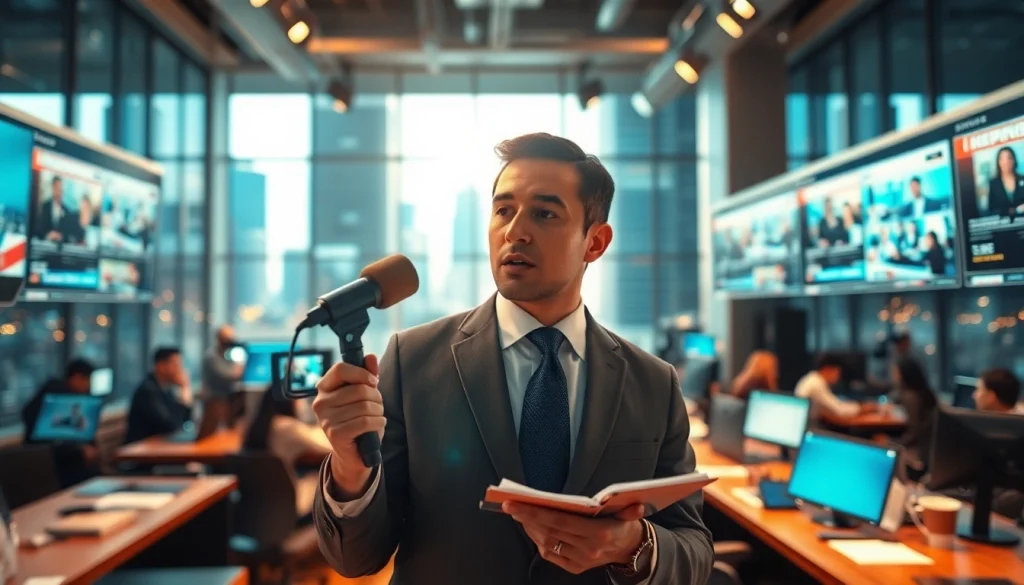 Journalist in action at https://www.thedailynewsonline.com newsroom, showcasing dynamic news reporting.