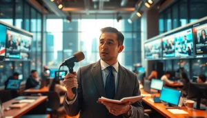 Journalist in action at https://www.thedailynewsonline.com newsroom, showcasing dynamic news reporting.