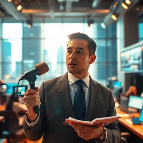 Journalist in action at https://www.thedailynewsonline.com newsroom, showcasing dynamic news reporting.