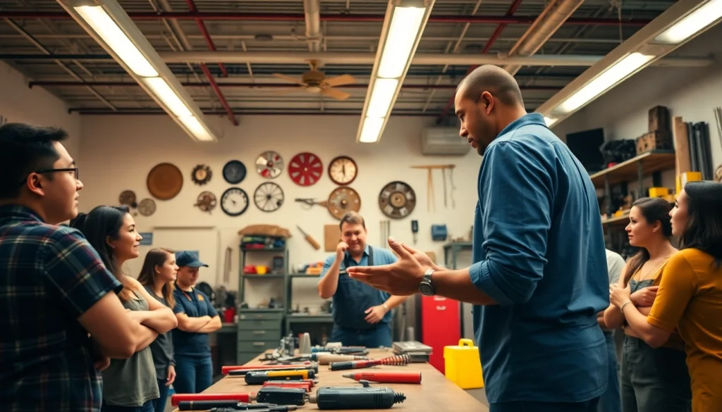 Hands-on training session in hawaii trade schools with students and tools.