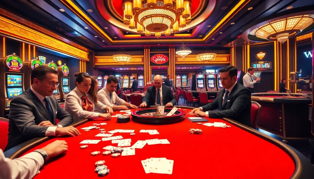 High-stakes poker action at https://www.kjc.global/ featuring players, chips, and luxurious casino decor.